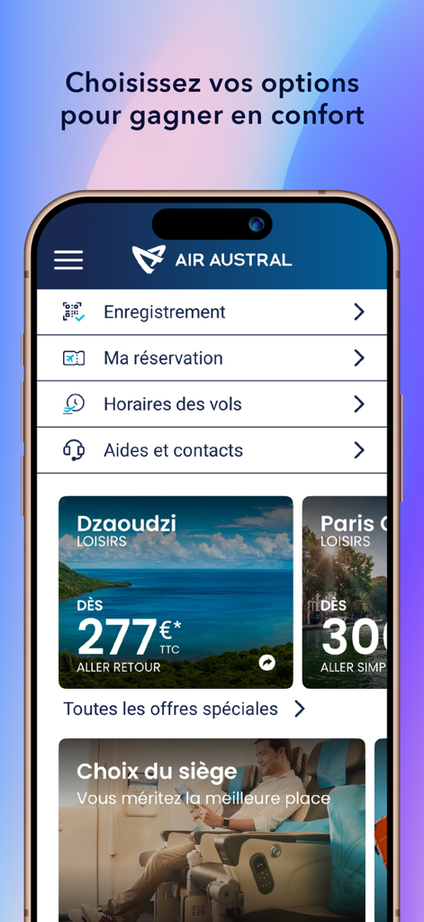 Air Austral mobile app home screen with flight deals and booking management options