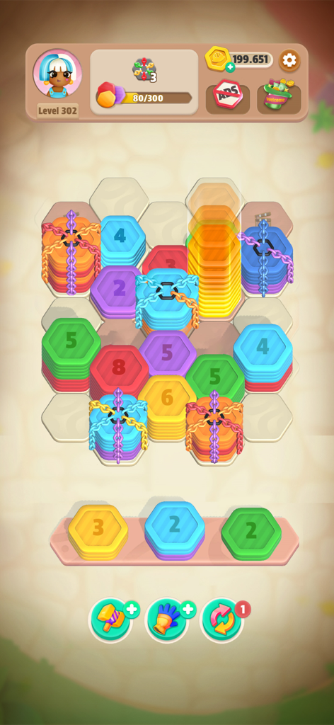 Hexa Stack: Color Sort Puzzle - Gameplay screenshot of Hexa Stack Color Sort Puzzle showing colored hexagonal tiles and chained stacks