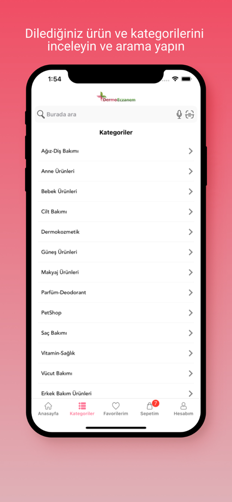 DermoEczanem - DermoEczanem Mobile App-Kategorienbildschirm mit verschiedenen Produktbereichen für Gesundheit und Schönheit