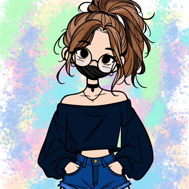girl with a messy ponytail glasses a baggy crop top and jean shorts