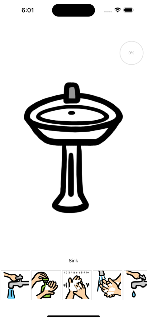Visual Cue - A step-by-step visual schedule for washing hands showing a sink and instructional icons in the Visual Cue app.