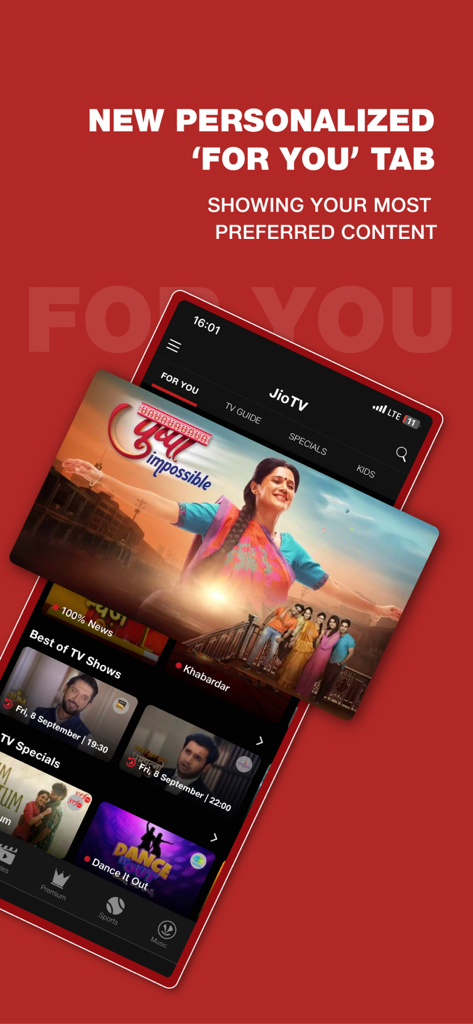 JioTV-Live TV & Catch-Up - インドのエンターテインメントコンテンツを含むパーソナライズされた「おすすめ」タブを表示するJioTVモバイルアプリの画面
