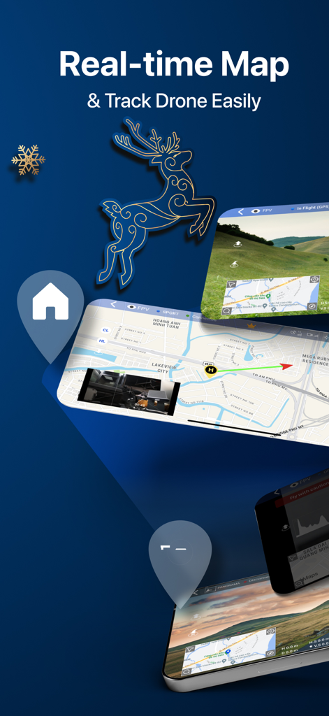 Interface do aplicativo Go Fly mostrando mapas em tempo real e recursos de rastreamento de drone para drones DJI