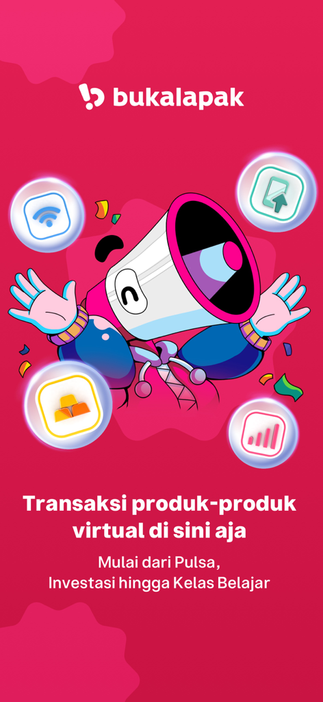 Bukalapak app screen showcasing virtual product transactions including phone credit and digital investment
