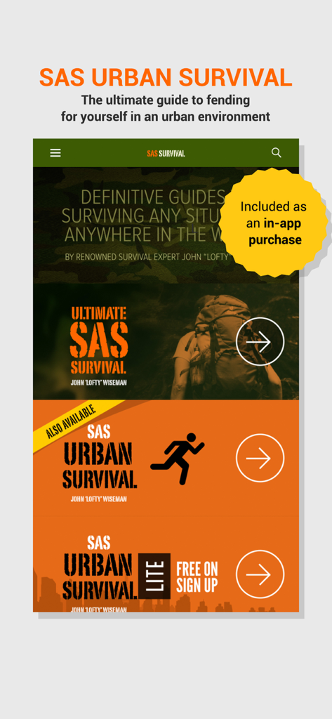 SAS Survival Guide - SAS Urban Survival app menu showing different guide versions and in-app purchase badge