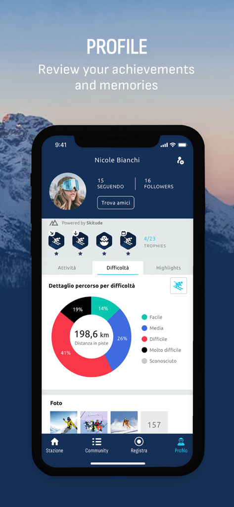 Skiarea Madonna di Campiglio - User profile screen of the Skiarea Madonna di Campiglio app displaying ski performance statistics, earned trophies, and a photo gallery.