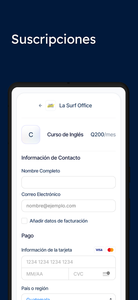 Pantalla de pago para una suscripción recurrente en la aplicación Recurrente