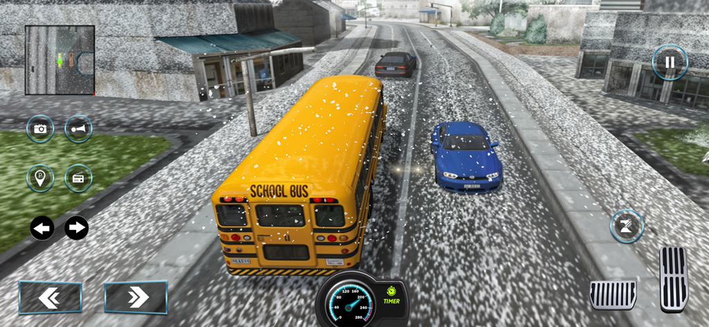 Student Transporter School Bus - Gameplay of a yellow school bus driving through a snowy city street in a mobile simulation game.