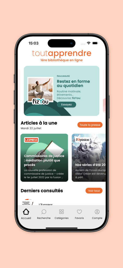 Écran d'accueil de l'application mobile Toutapprendre affichant des articles d'actualité français et une bannière de bien-être.