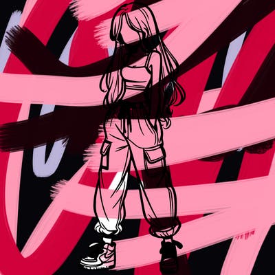 girl in baggy pants crop top and long hair