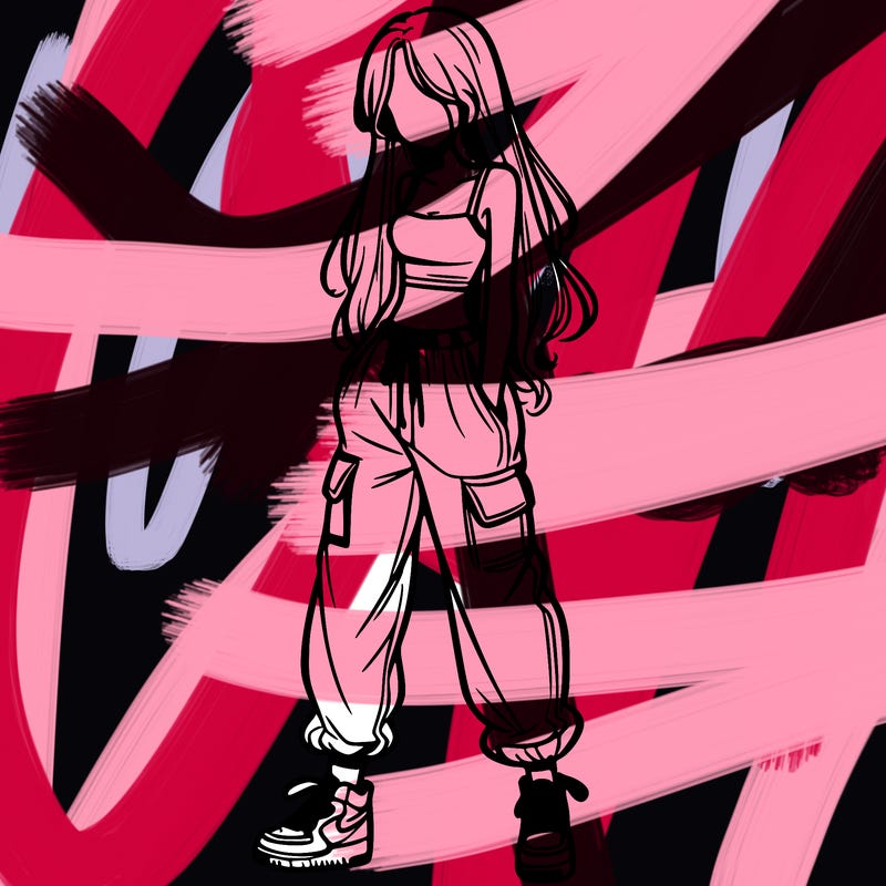 girl in baggy pants crop top and long hair