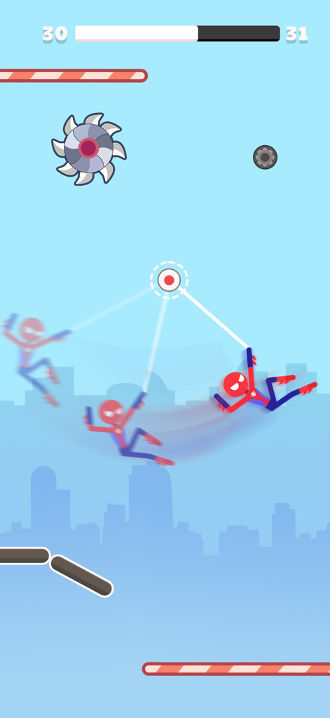 BonBon 2 - 4 player games - Una captura de pantalla de un minijuego multijugador con personajes de superhéroes balanceándose en cuerdas hacia un objetivo en un entorno urbano.