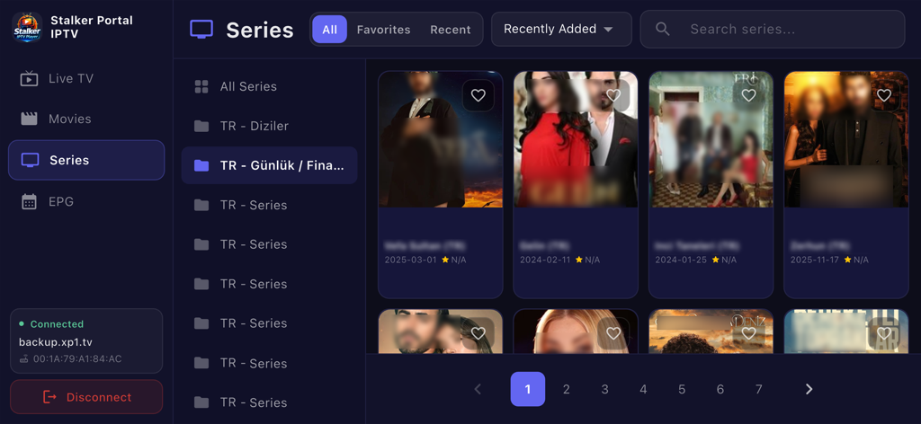 Stalker Portal IPTV app interface showing the series library with categorized TV shows and posters.