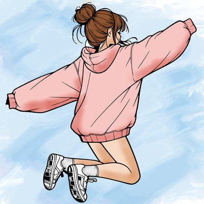 realistic girl jumping with a bun and oversized sweatshirt