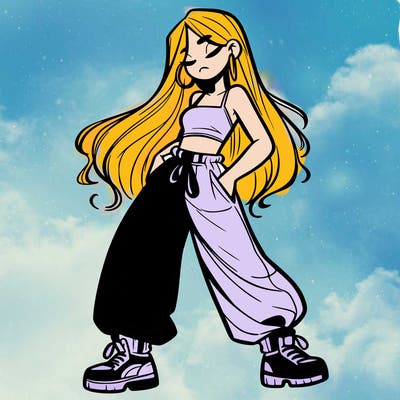 girl in baggy pants crop top and long hair