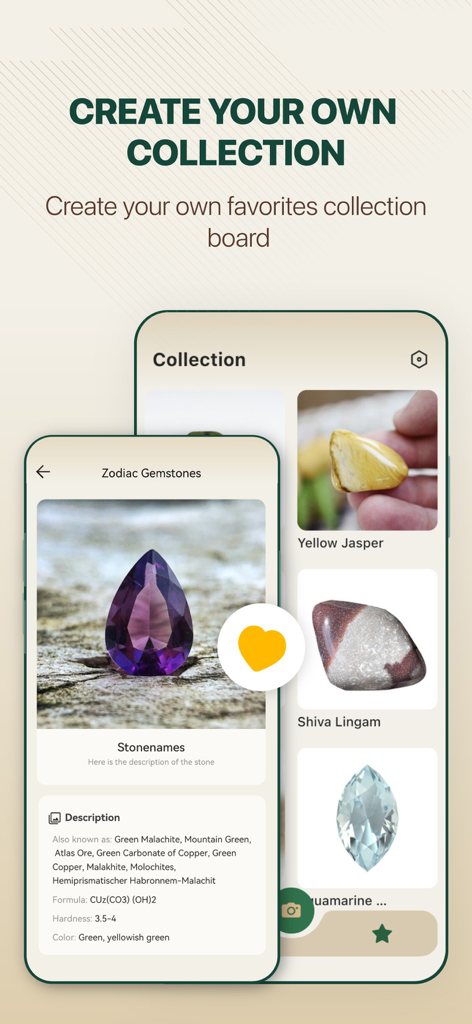 Screenshot of the Rock Master app showing a user-created digital collection of gemstones and minerals with detailed descriptions