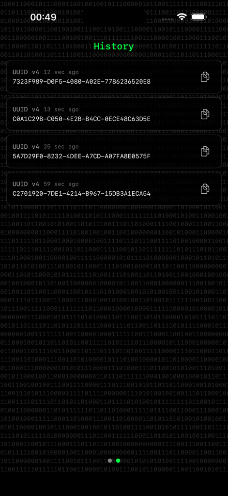 Quick UUID: GUID Generator - History screen of the Quick UUID app showing a list of generated UUID v4 identifiers on a dark developer-oriented interface.