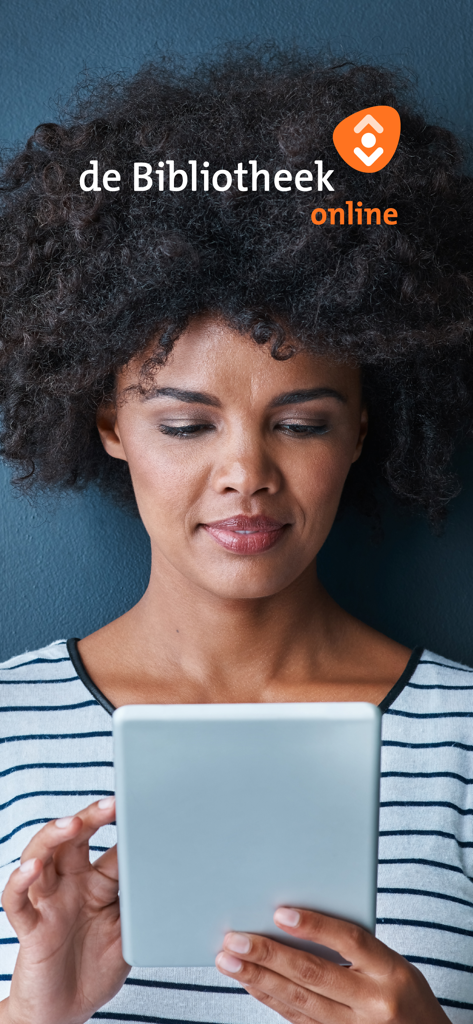 A woman reading an ebook on a tablet with the online Bibliotheek logo