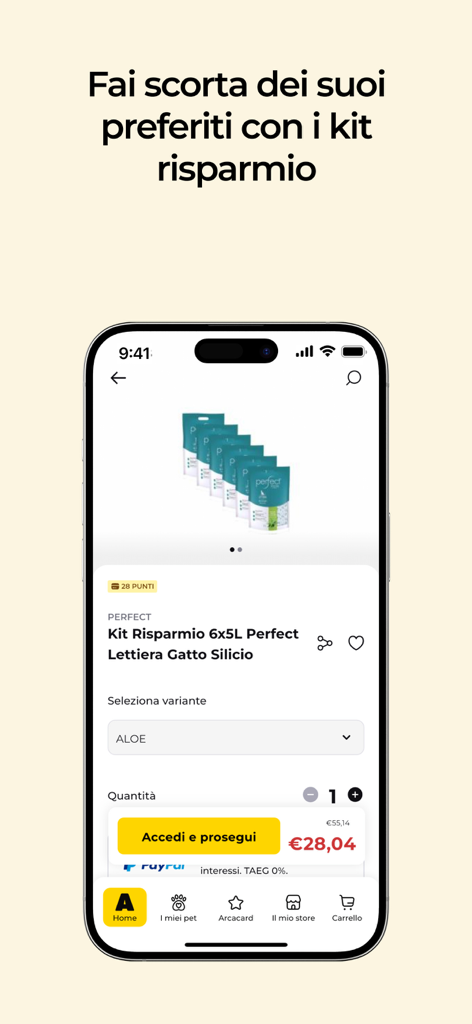 Arcaplanet – Pet store online - Pagina del prodotto dell'app mobile Arcaplanet che mostra un kit di risparmio multi-confezione per lettiera per gatti a prezzo scontato