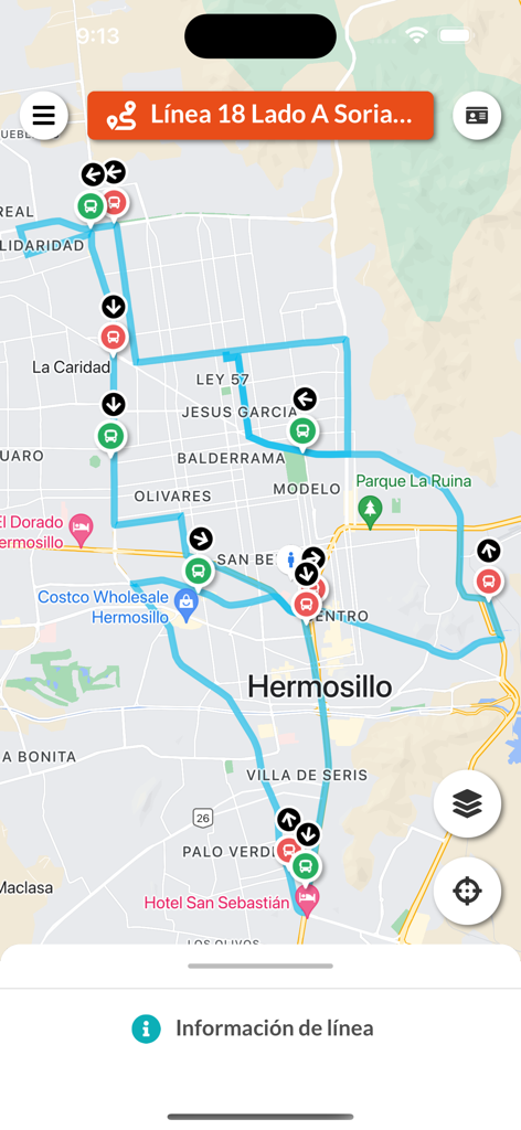 UNE Transporte Sonora - Rastreo de rutas de autobús en tiempo real en un mapa de Hermosillo en la aplicación UNE Transporte Sonora