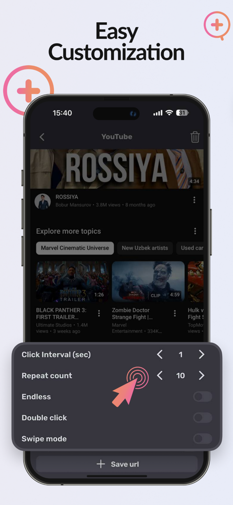 OP Auto Clicker- Automatic Tap - Pantalla de teléfono inteligente que muestra la configuración de OP Auto Clicker para el intervalo de clics y el número de repeticiones
