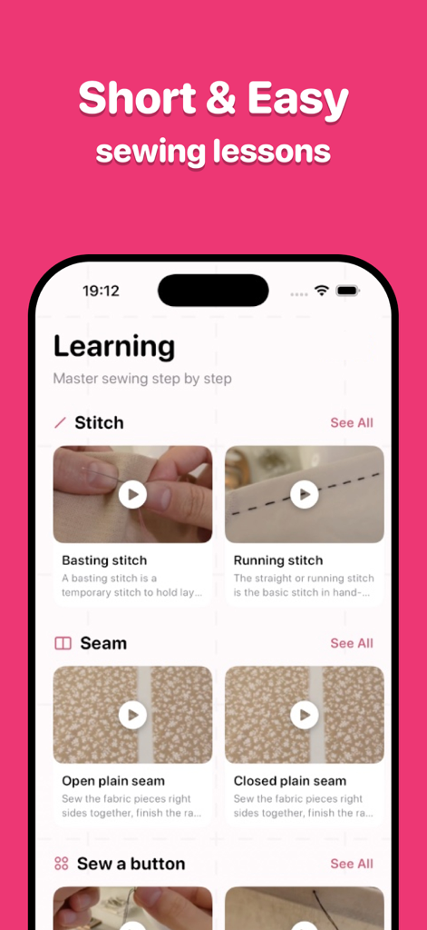 Sewie: Sewing Patterns- Stitch - Interface do aplicativo Sewie mostrando tutoriais em vídeo para diferentes pontos e costuras de máquina