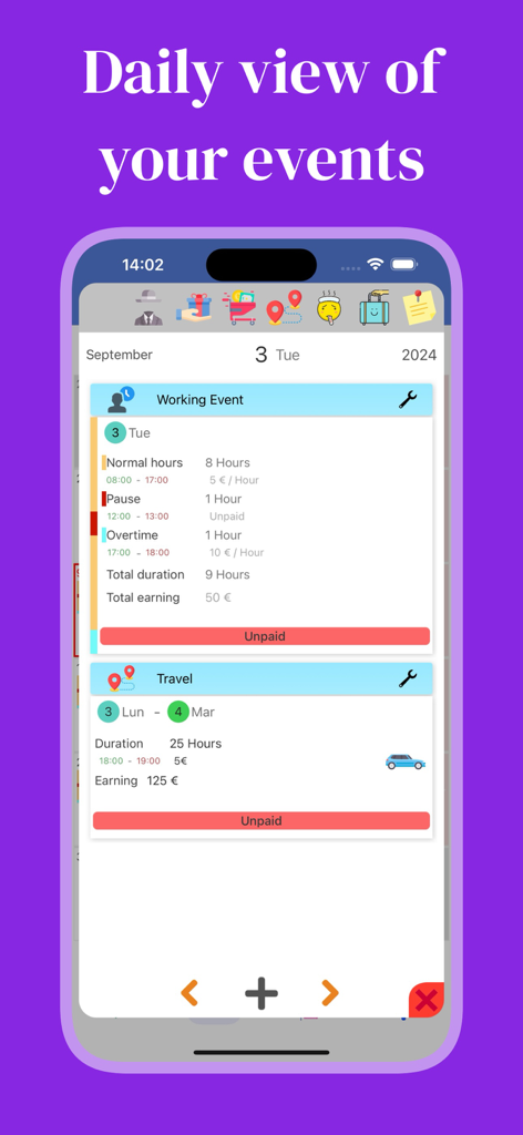 Working Hours 4b - Mobile app interface displaying daily work events with shifts overtime and earnings details