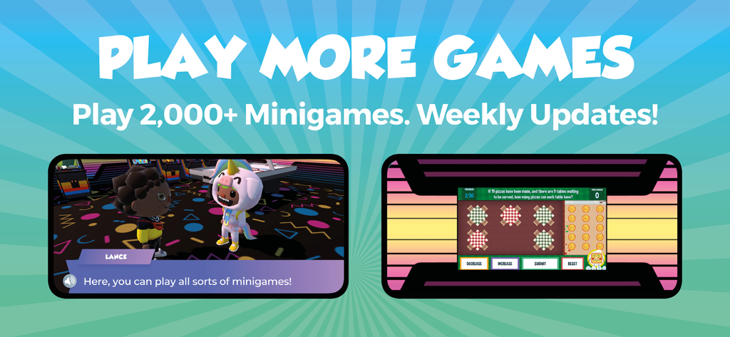 Awakening – Fun Math Games - Deux aperçus de jeux montrant des avatars de personnages dans une salle d'arcade et un mini-jeu de problème de mots mathématiques