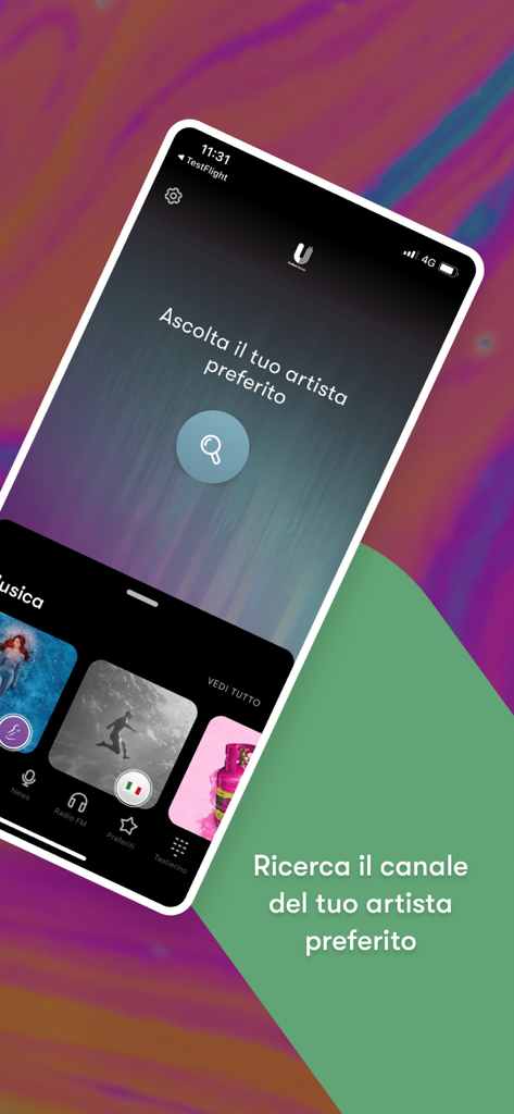 United Music: Musica Gratis - United Music app interface for searching and listening to favorite artist channels.
