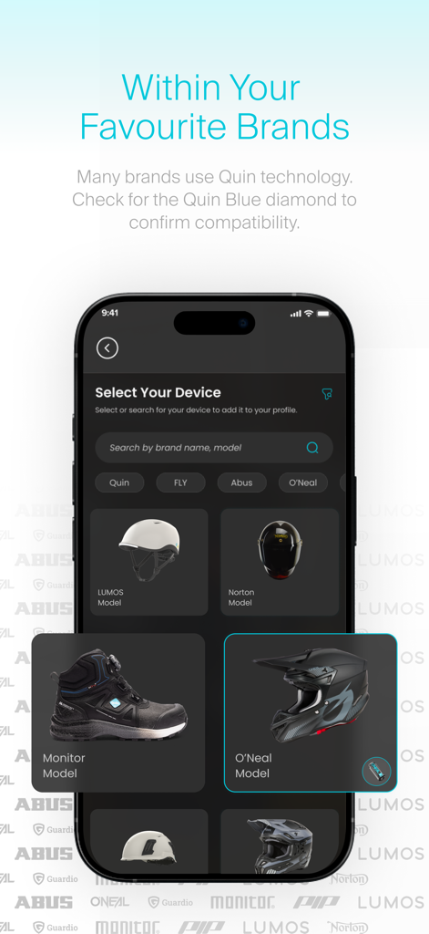 Quin Within - Quin Within app interface showing selection of compatible gear from brands like O'Neal and Lumos