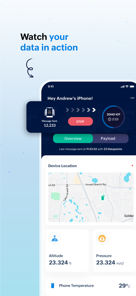 ZiBot mobile app dashboard displaying real-time sensor data including location altitude and temperature for Zoho IOT