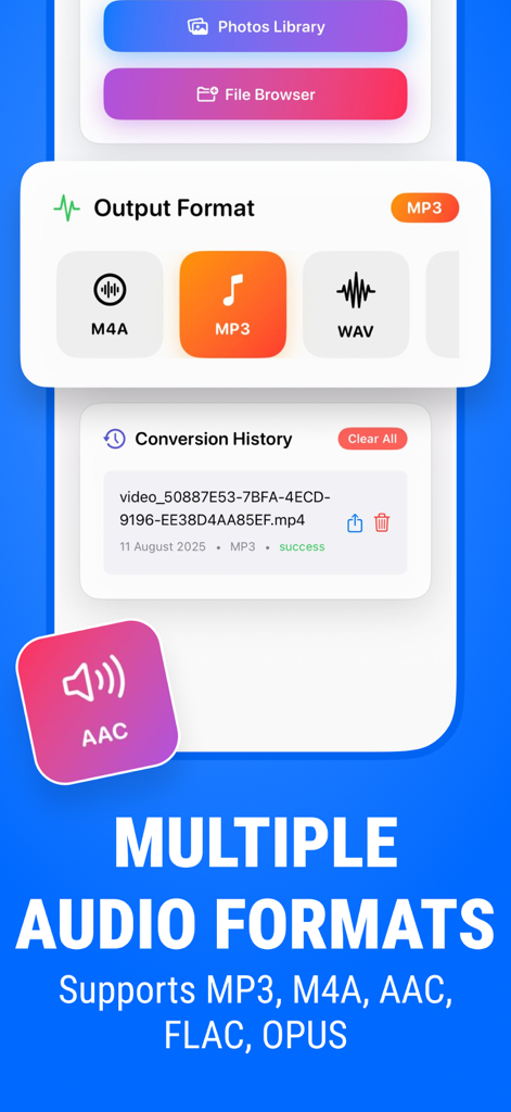 MP4 to MP3 - Audio Converter - Interface showing multiple supported audio formats like MP3 and M4A for file conversion