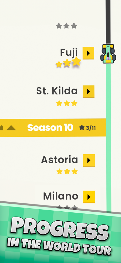GPixel - Turn Based Racing - GPixel World Tour menu showing racing tracks and season progress