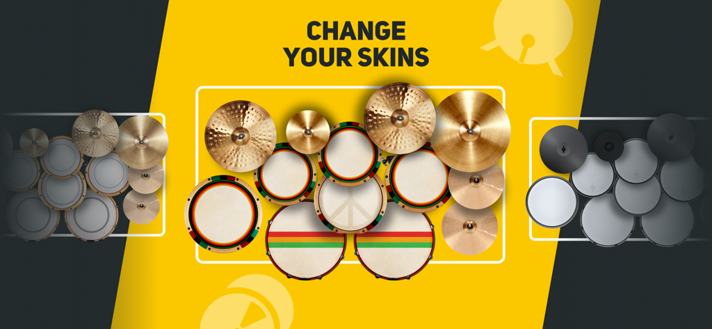 Showcase of different customizable drum set skins in the Super Drum app
