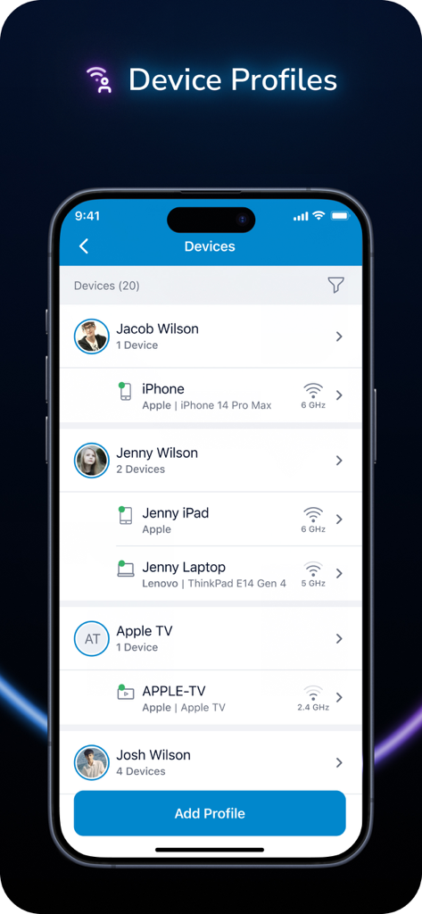 NETGEAR Orbi app interface displaying device profiles for family members and their connected home devices