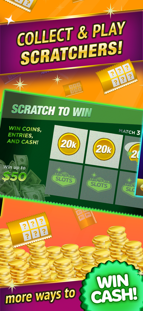SpinToWin Slots & Sweepstakes - SpinToWin app scratch card interface with gold coins and cash prize rewards