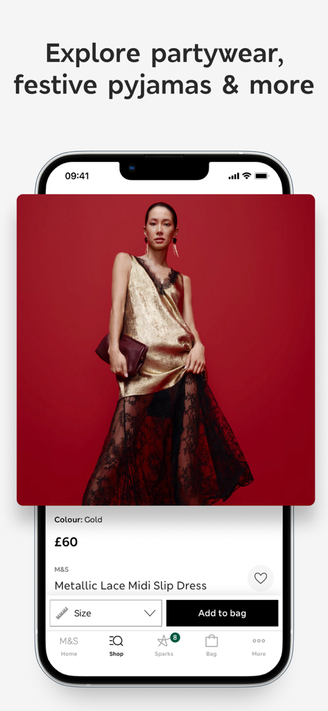 M&S - Fashion, Food & Homeware - M and S app product page for a metallic lace midi slip dress