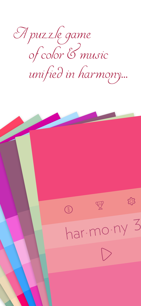 Einführungsbildschirm für das Harmony 3 Puzzle-Spiel mit bunten Paletten und minimalistischer Typografie
