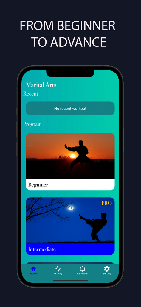Martial Arts Trainer at home - Interface of the Martial Arts Trainer at home app showing beginner and intermediate workout programs with silhouettes of practitioners.