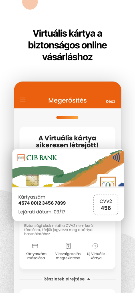 CIB Bank mobile app showing a newly created virtual card for secure online shopping