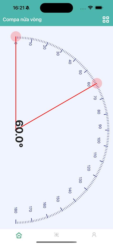 ToolX: Pocket Measure Ultimate - Digital half-circle protractor measuring a 60-degree angle in the ToolX app