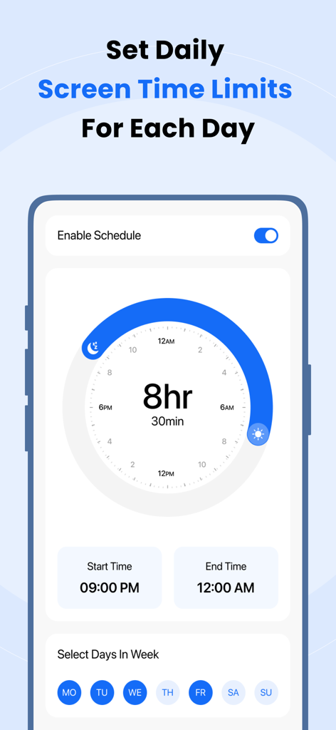 Interface of FamilyTime app showing how to set daily screen time limits and schedules for children