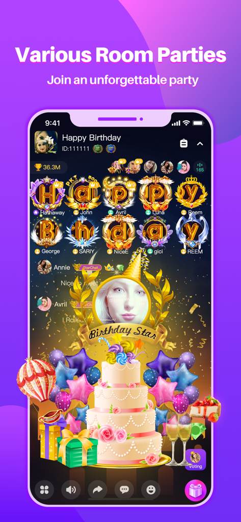 StarChat app interface showing a virtual birthday party room with digital gifts like a cake and balloons
