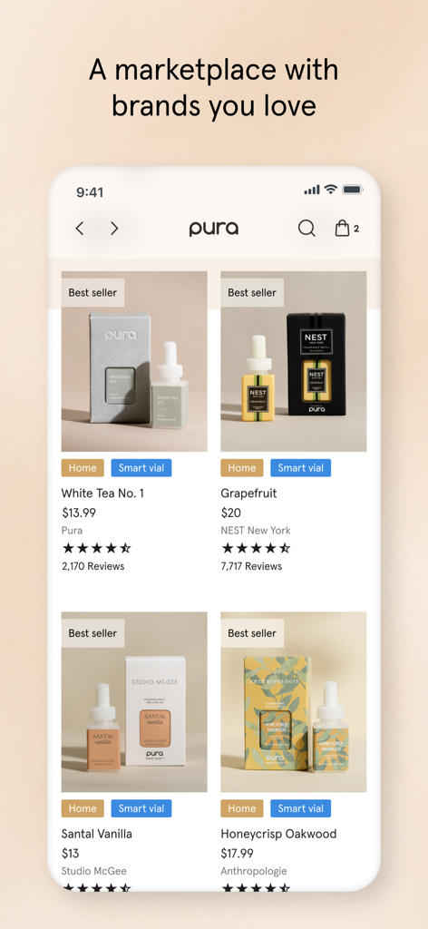 다양한 브랜드의 럭셔리 스마트 향기 리필을 보여주는 Pura 앱 마켓플레이스 스크린샷