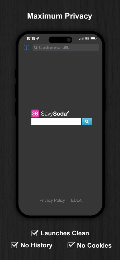 Pantalla de la aplicación Navegador Web Privado mostrando máxima privacidad y funciones de lanzamiento limpio.
