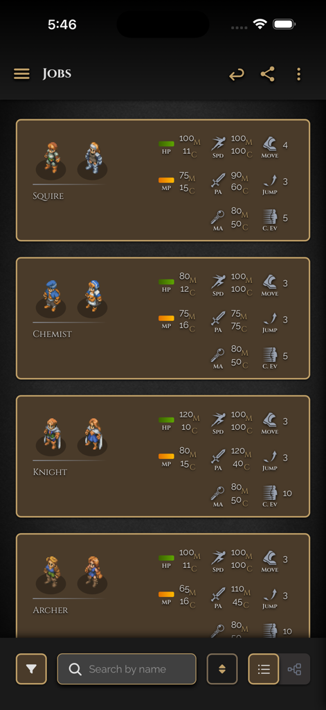 FFT Companion - FFT Companion app interface showing job stats and sprites for Squire Chemist Knight and Archer