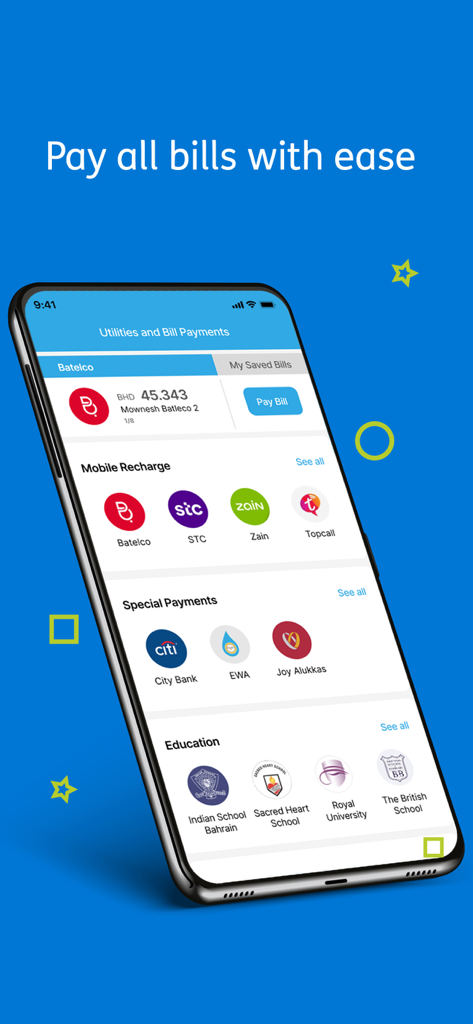 BFC Pay - BFC Payモバイルアプリの画面。バーレーンの公共料金、モバイルチャージ、教育機関の請求書支払いオプションが表示されています。