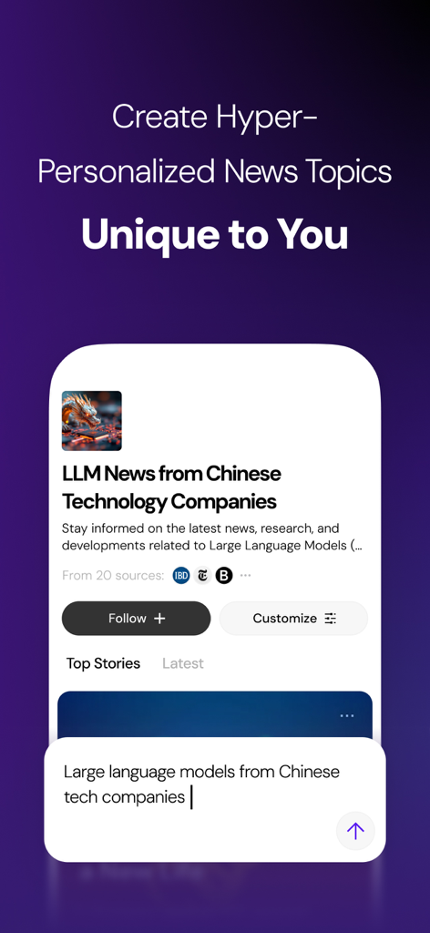 Mobile interface of Syft app displaying a hyper-personalized news topic about Chinese technology LLMs with options to follow and customize.