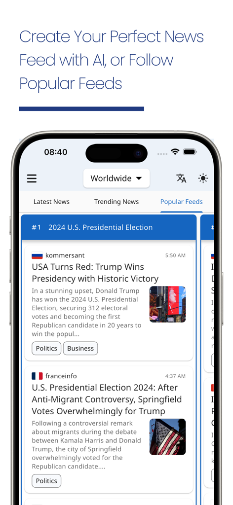 UniFeed News - UniFeed News app interface showing popular global news feeds and AI summaries on an iPhone