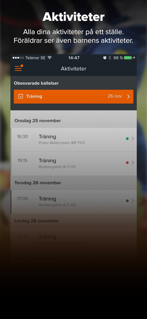 laget.se - Laget.se mobile App Aktivitätenbildschirm, der einen Zeitplan für Teamtrainingseinheiten und unbeantwortete Einladungen anzeigt